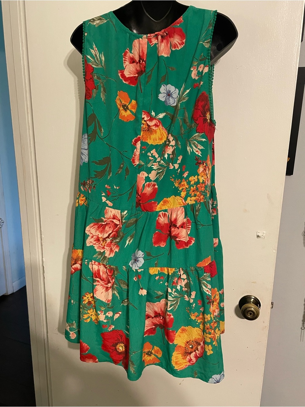 Umgee Floral Tiered Mini Dress in Teal with Red & Yellow Blooms